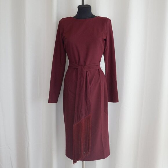 Dress the Population Caro Burgundy Long Sleeve Belted Sheath Dress Sz M - Picture 2 of 9